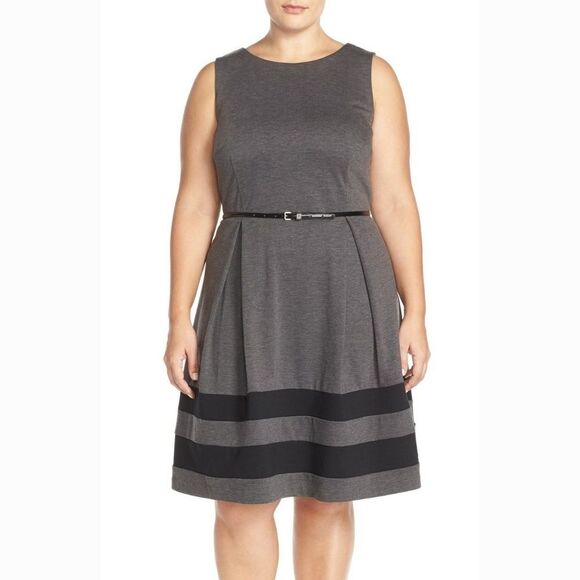 New! CALVIN KLEIN Women's Plus Size Belted Striped-Hem Ponte Dress Size 14W Gray - Picture 5 of 5